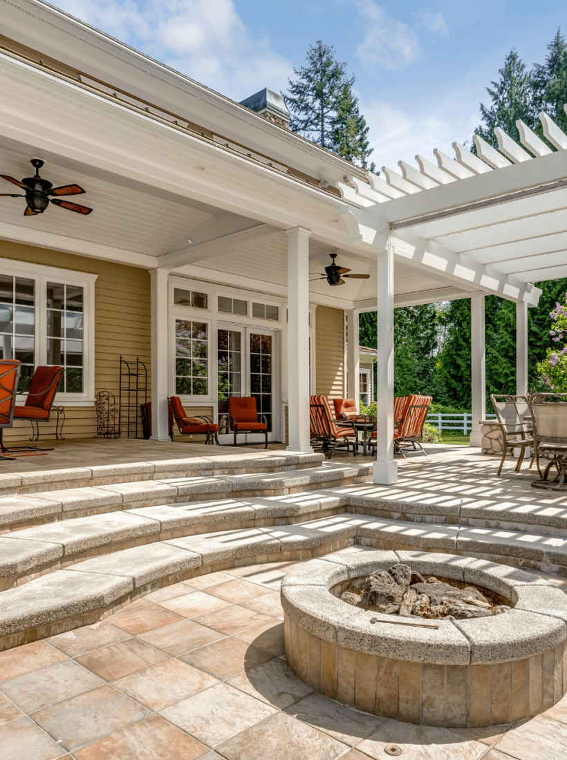 A spacious outdoor patio with a stone fire pit, surrounded by comfortable seating areas. A white pergola provides shade over a dining table